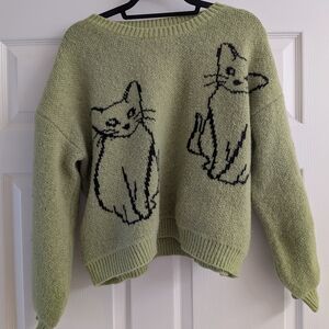 Green Sweater with Cat Design